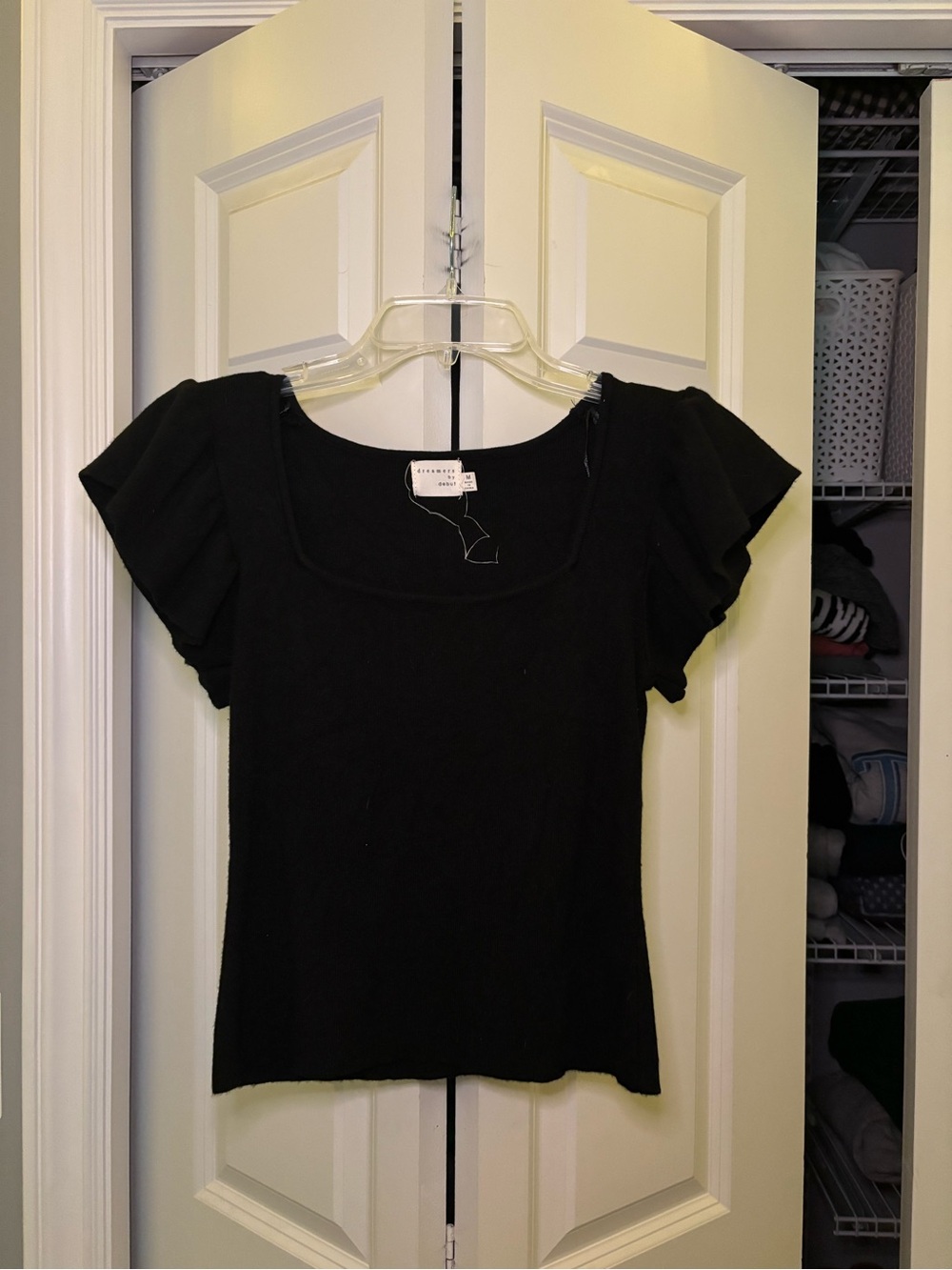 Black Square-Neck Flutter Sleeve Knit Top